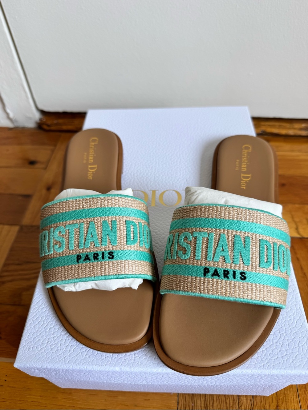 Dior Brown and Turquoise Christian Dior Paris Slide Sandals